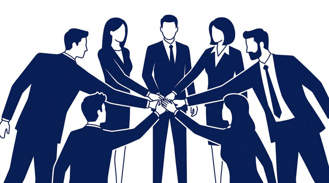 Professional business team unity concept, diverse corporate group stacking hands, collaborative partnership illustration in blue
