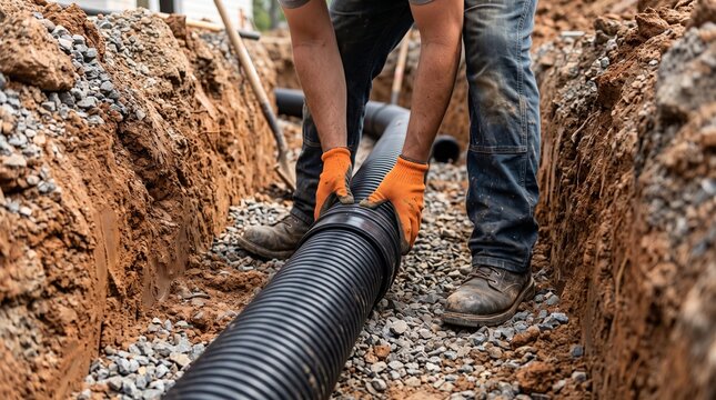 Skilled worker installing essential drainage pipe in a dug trench, ensuring proper underground plumbing for construction
