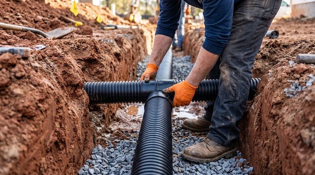 Professional worker installing black drainage pipe in ground trench at construction site
