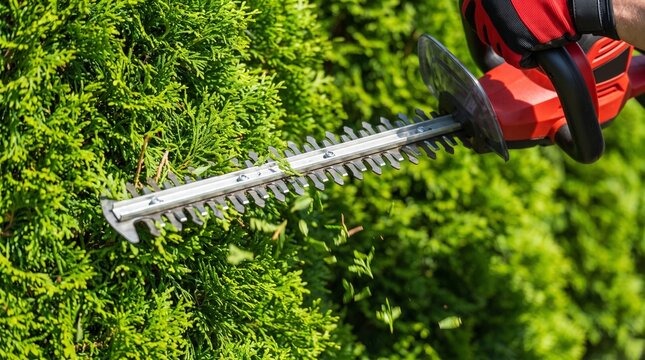 Meticulous garden trimming electric tool shapes vibrant green hedges for immaculate landscaping