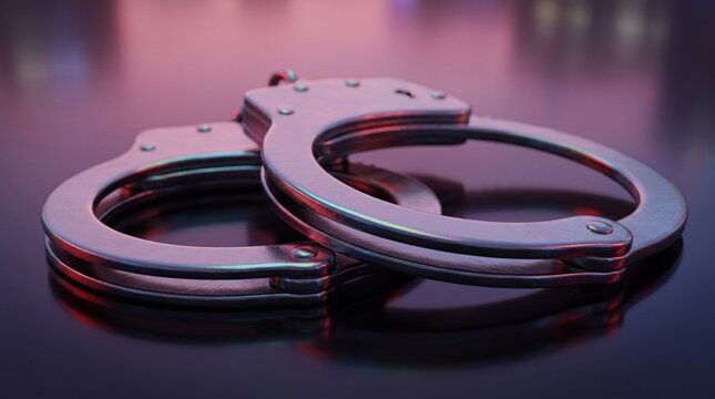 Handcuffs Resting on Reflective Dark Glass Background Symbolizing Crime and Justice