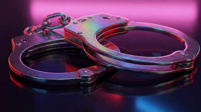 Close up of a pair of shiny metal handcuffs reflecting purple and blue light on a dark surface