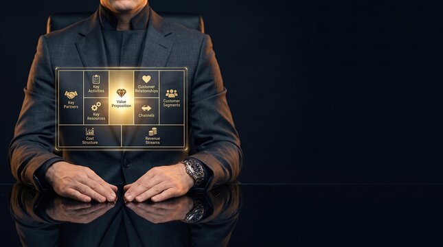 Business Model Canvas executive analyzing value proposition customer segments revenue streams partnerships and growth strategy on a holographic corporate dashboard with premium dark copy space