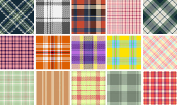 Seasonal tartan bundle for Thanksgiving marketing kits. Multiple plaid styles support cohesive campaigns. Vector files remain editable.