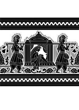 Traditional indian wedding procession border illustration featuring palanquin bearers in black and white palanquin procession traditional illustration heritage ceremony ornament decorative