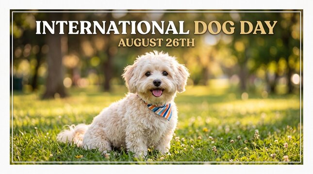 International Dog Day banner with cute puppy, August 26th holiday celebration card, fluffy white dog in sunny park setting