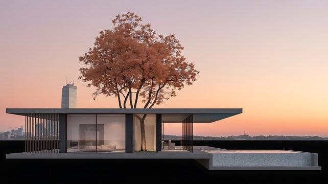 Modern minimalist house with glass walls, a courtyard tree, and infinity pool at sunset
