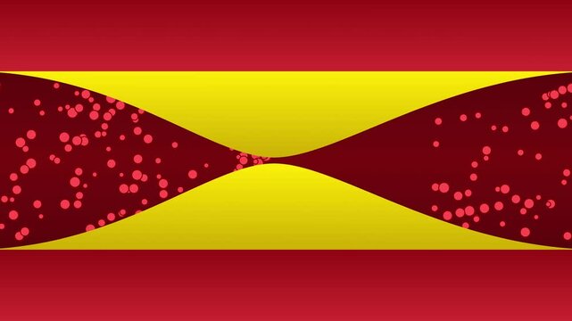 Bright abstract visualization of red circular particles moving through a yellow bottleneck design