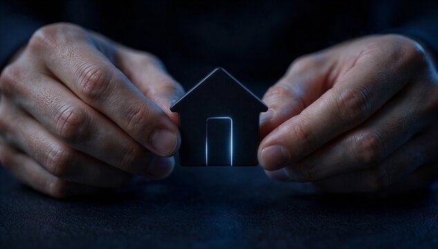 Hands hold a glowing house icon, symbolizing mortgage advice, home purchase planning, loan approval, and secure property ownership.