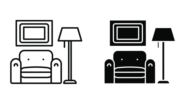 Living room interior furniture vector icon set isolated on transparent background