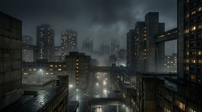 City skyline at night with tall buildings and overcast sky