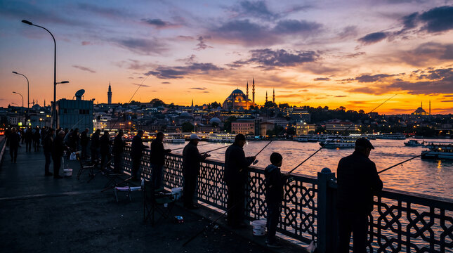 Fishermen cast their lines as the sun sets over Istanbul near the famous skyline filled with mosques
