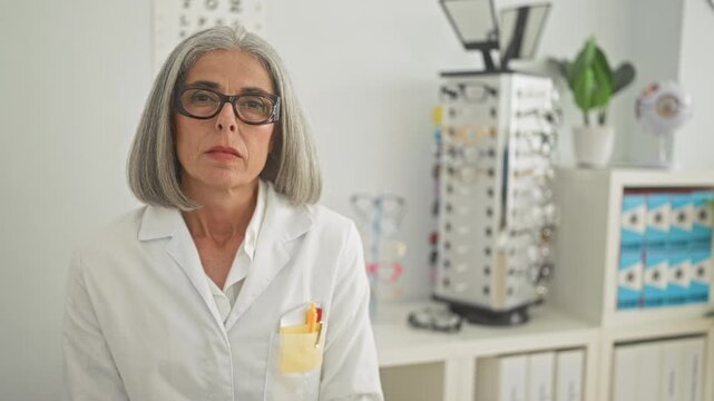 Woman wearing glasses and white lab coat with pens in pocket looking directly at camera in building eyecare clinic; calm professionalism.
