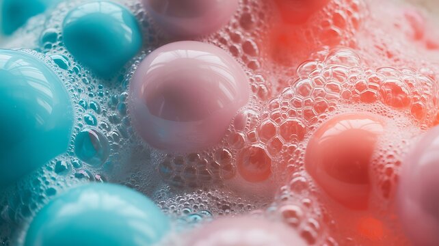 Close up macro view of colorful blue and pink soap bubbles and foam spheres floating