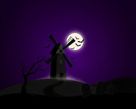 A dark silhouette of a windmill and tombstones on a hill under a large full moon with bats flying in a deep purple night sky atmosphere