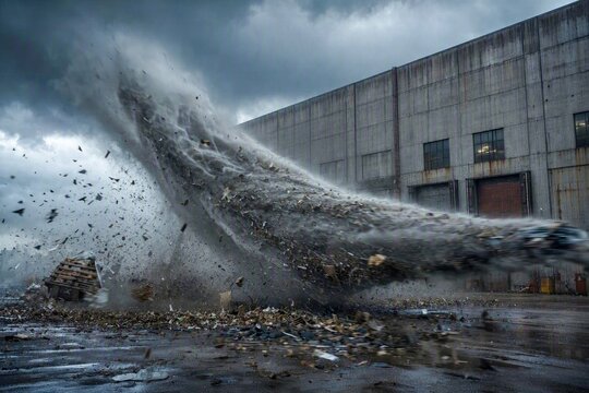 Storm brings strong winds and debris into a warehouse area during a heavy weather event in an industrial zone