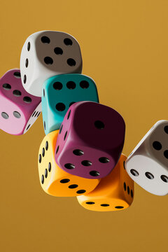 Floating colorful dice close up