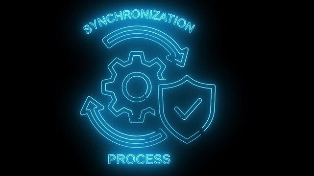 Circular neon blue data synchronization arrows encircling central gear and secure shield for synchronized system protection