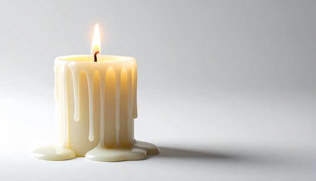 White candle slowly melting with wax dripping down, isolated on soft white background. Passing time and temporary moments concept. Close-up.