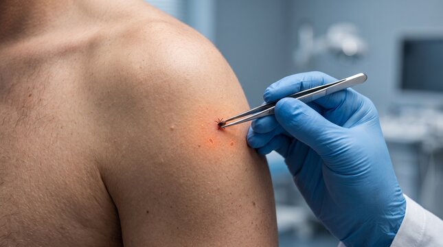 Tick removal from shoulder skin, tick bite and Lyme disease prevention