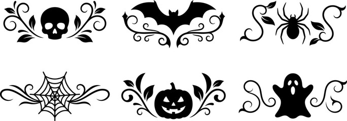 Fototapeta premium Set of decorative halloween border elements featuring black silhouettes of skulls bats spiders pumpkins and ghosts
