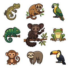Naklejka premium Collection of cute cartoon jungle animals and creatures on branches