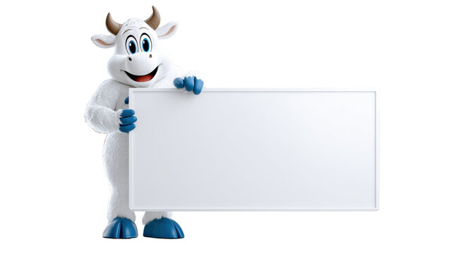 Friendly cartoon cow mascot holding blank white signboard for supermarket promotion isolated