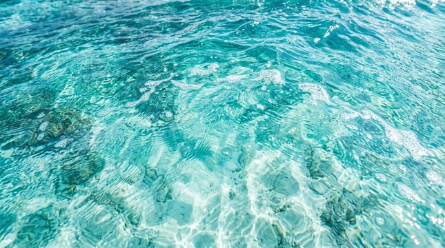 Turquoise tropical ocean water surface, crystal clear sea ripples with sunlight reflections, bright blue aquatic background for summer travel