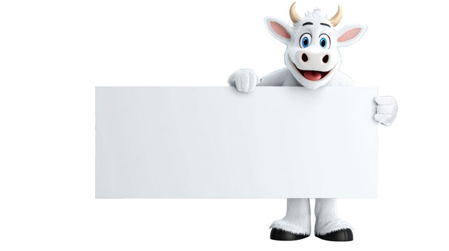 Smiling cartoon cow mascot holding blank white signboard for supermarket promotion isolated