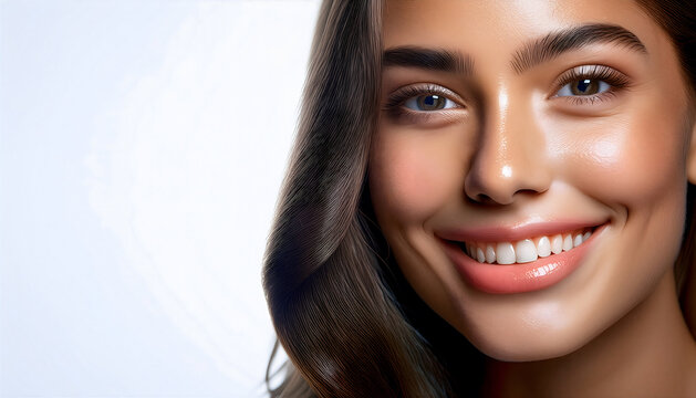 Portrait of a Beautiful Young Woman on a Light Background. Web Banner.