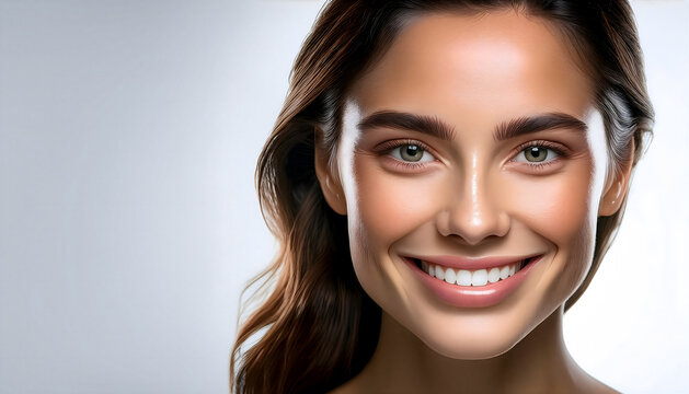 Portrait of a Beautiful Young Woman on a Light Background. Web Banner.