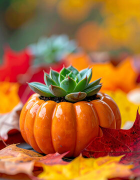 Small green succulent planted in cute ceramic pumpkin-shaped pot, colorful autumn leaves, cozy fall-season atmosphere, softly blurred background. Close-up.