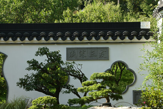 Traditional Chinese Garden Wall with Ornamental Windows and Sculpted Trees