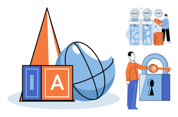 Business strategy and technology icons vector illustration. Financial growth, data security, investment planning, digital infrastructure, corporate management, information technology. Modern icons © Dmytro