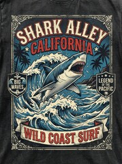 Naklejka premium Vintage Shark Alley California Surf Graphic Illustration with Great White Shark and Ocean Waves for T-Shirt Design