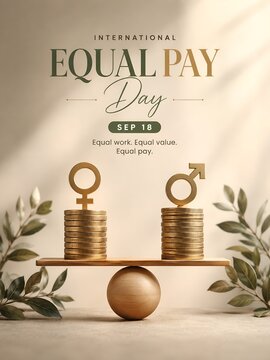 Equal pay day balanced scales with coins and gender symbols