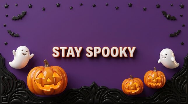 A halloween scene features carved pumpkins smiling ghosts and bats against a vibrant purple backdrop pumpkins ghosts jackolantern spooky autumn