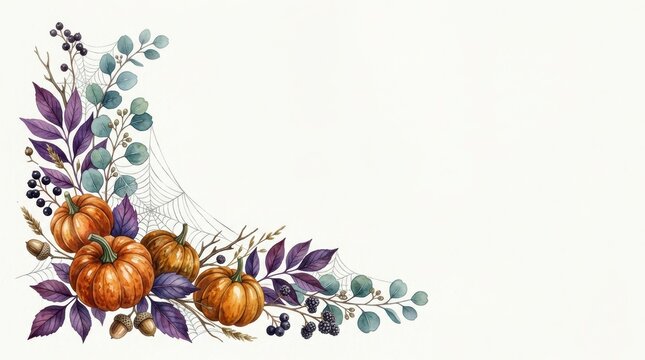 Watercolor autumn corner border with pumpkins, purple leaves, berries, and spiderwebs isolated on white background