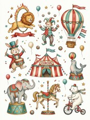 Fototapeta premium Vintage Watercolor Circus Illustration Set with Lion, Elephant, Clown, and Big Top Tent for Kids Party Decor
