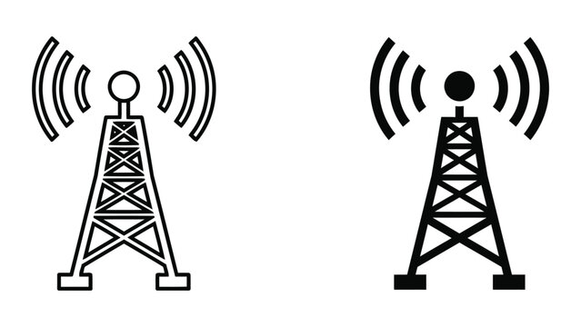 Communication radio tower broadcasting signal vector icon in outline and solid styles