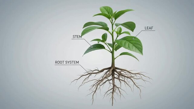 Plant Anatomy 3d Model Highlighting Root System Stem and Green Leaf