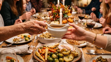 Fototapeta premium A family shares a meal around a festive, decorated dinner table. Concept highlights joyful gatherings, cultural traditions, and community, offering commercial value for holiday. Generative AI.