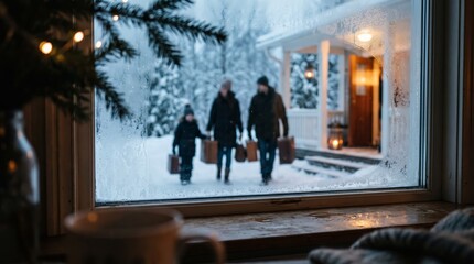 Fototapeta premium A family with luggage walks towards a cozy cabin in a snowy landscape. Concept of winter travel, holiday joy, and family togetherness, ideal for festive promotions. Generative AI.