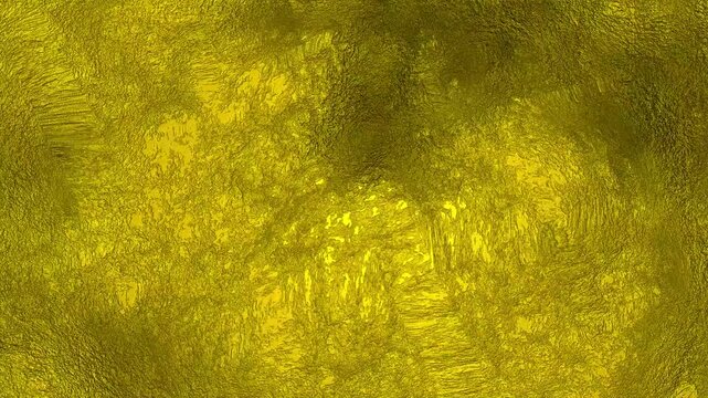 Abstract yellow gold metallic foil texture surface background. Glowing crumpled liquid golden metallic sheet. Metallic brass rough stone terrain animation visual.