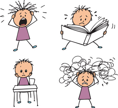 Student exam stress and study anxiety, hand drawn doodle vector illustration