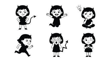 Obraz premium Cute Little Devil Girl Cartoon Character Set with Various Expressions and Poses in Black and White Silhouette Vector Style for Halloween Graphic Designs