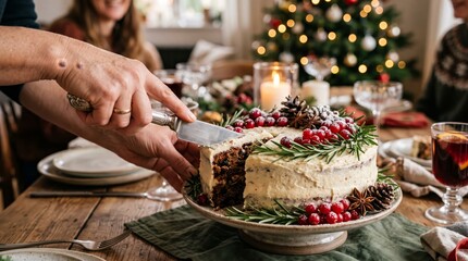Fototapeta premium A person slices a festive Christmas cake decorated with cranberries and rosemary on a wooden table. The concept is holiday celebration, joyful gatherings, and seasonal decor. Generative AI.
