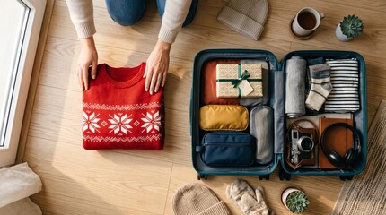 Fototapeta premium A person organizing a suitcase, packing a red sweater with snowflake patterns alongside gifts. The concept highlights travel, holiday preparation, and joyful experiences. Generative AI.