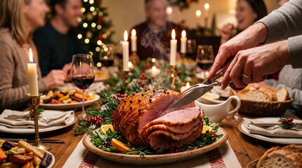 Fototapeta premium A beautifully set table with a Christmas dinner spread and family in the background. The concept emphasizes joyful family celebrations, festive gatherings, and holiday cheer. Generative AI.