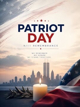 Patriot day 9/11 remembrance with lit candle and skyline